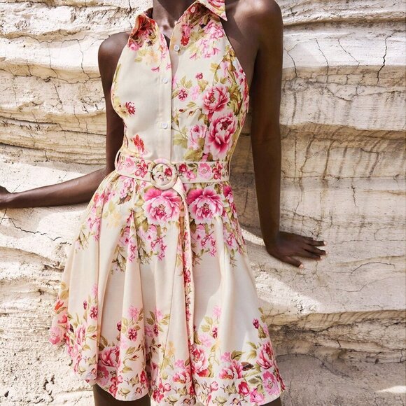 Multicolor Boho Women's Sleeveless Oversized Peony Floral Print Mini Dress - Picture 4 of 7